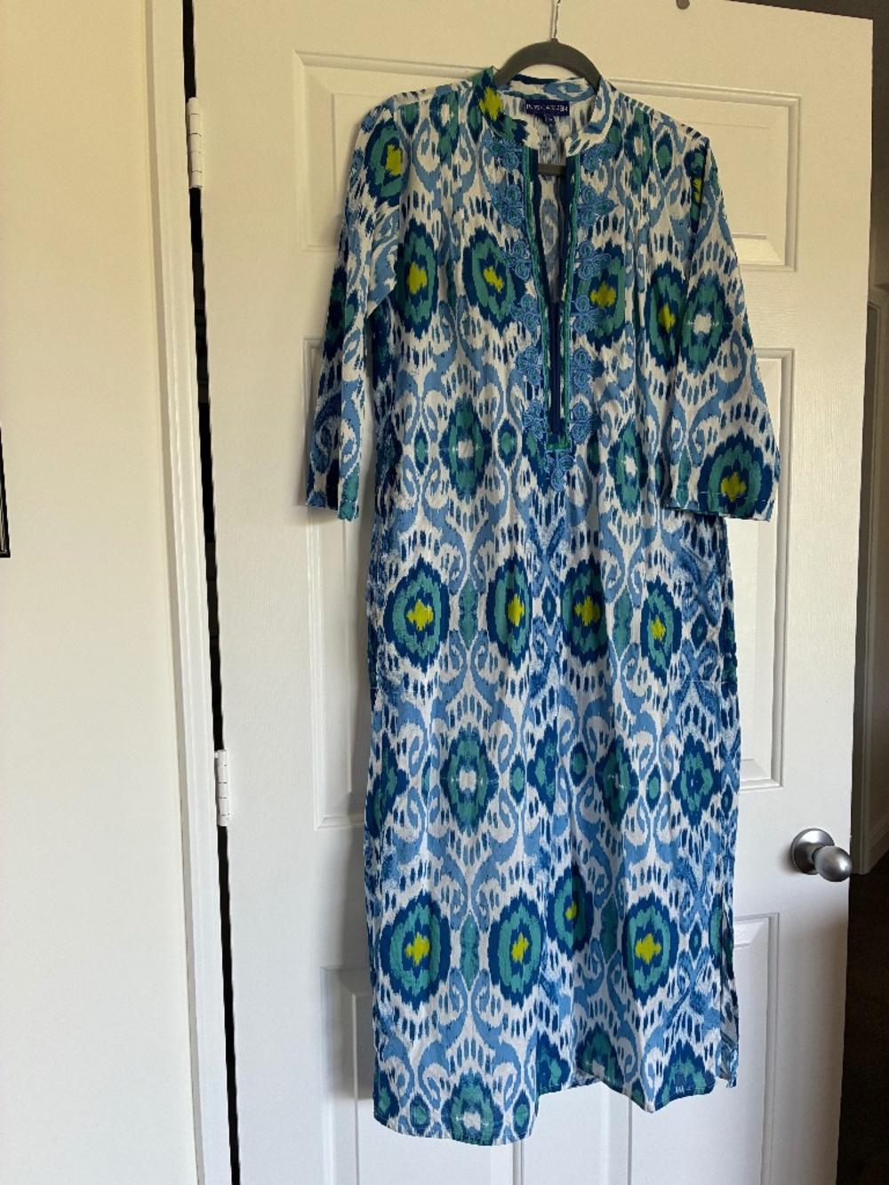 Ro’s Garden 100% cotton blue ikat print long caftan kurta M